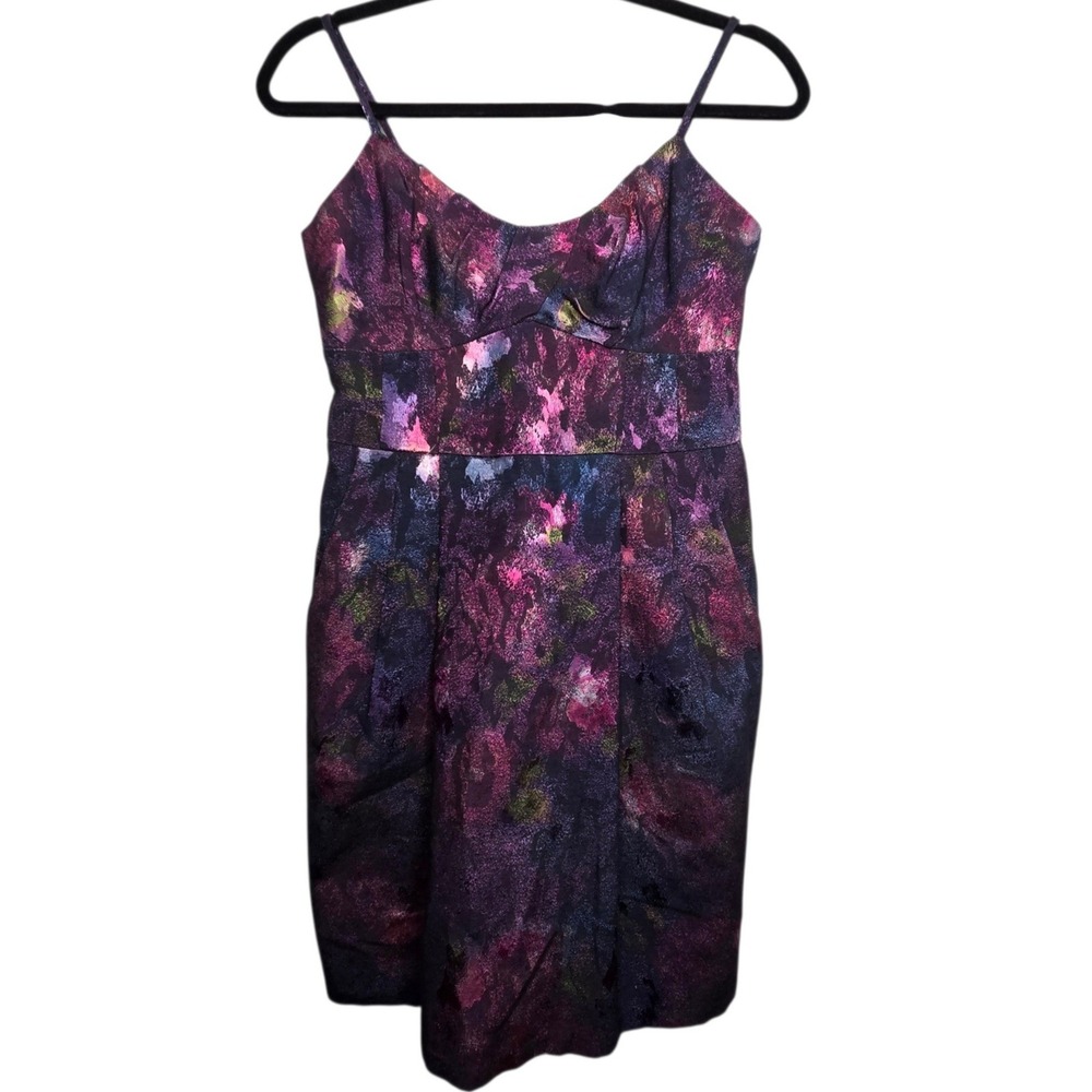 Nanette Lepore Purple Metallic Jacquard Cocktail Dress 4 Floral Pockets Hoco
